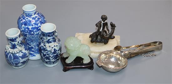 Three Oriental vases, three silver items, a bronze figure group etc